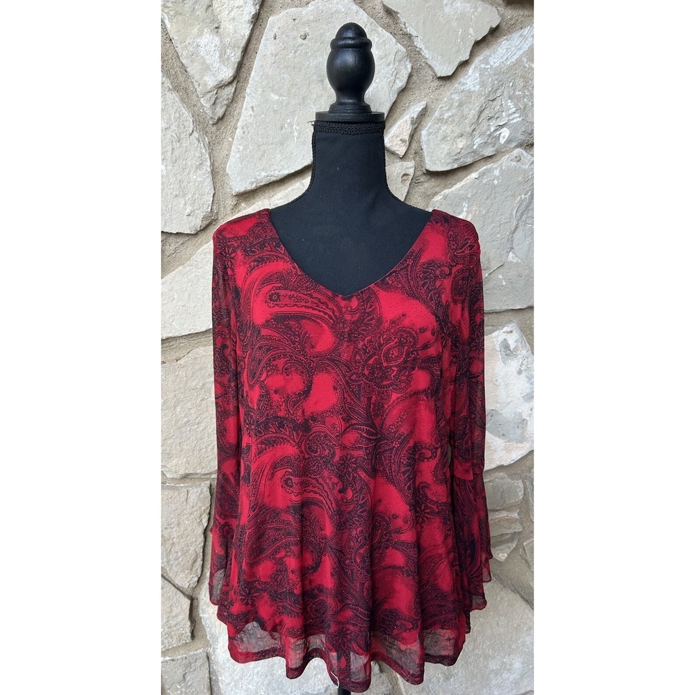 Sara Michelle Dressy Top Large Red Black Glitter Lined Mesh Key Hole Back EC